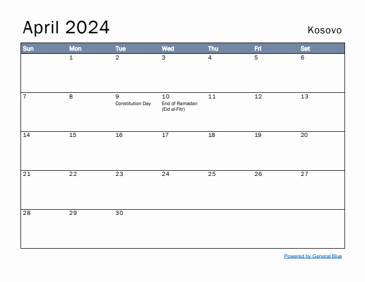 April 2024 Simple Monthly Calendar for Kosovo