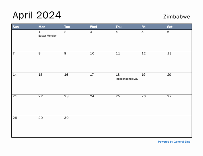 April 2024 Simple Monthly Calendar for Zimbabwe