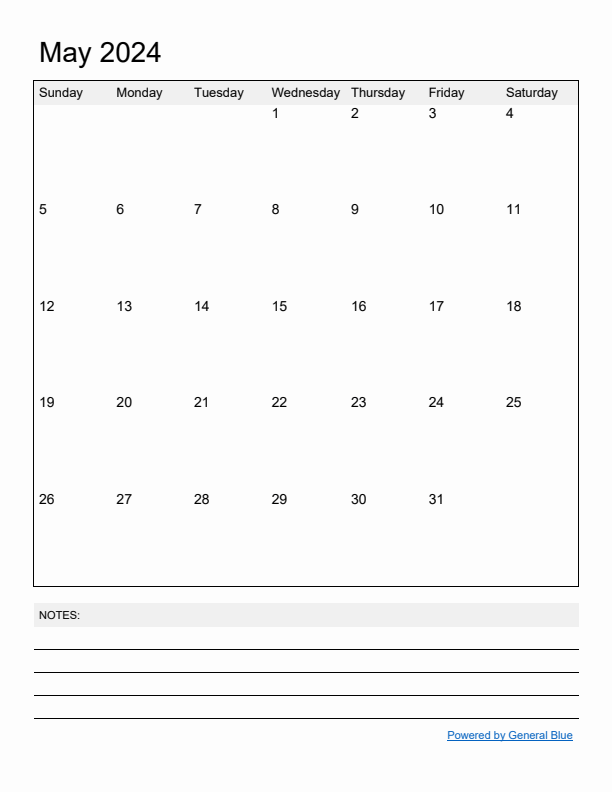 Basic Monthly Calendar Template for May 2024