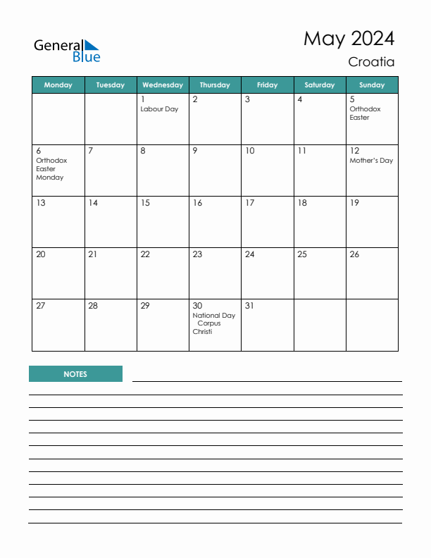 Calendar with Notes Printable - Monday Start