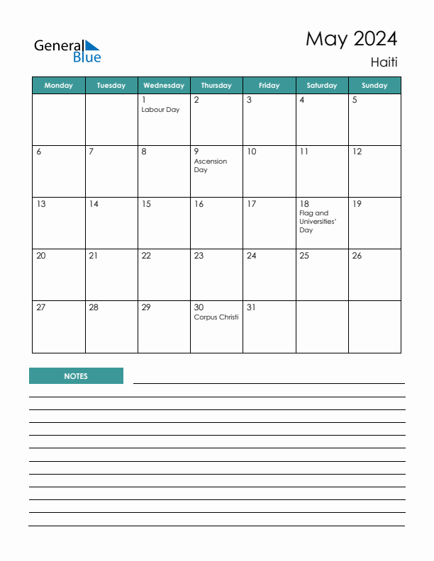 Calendar with Notes Printable - Monday Start