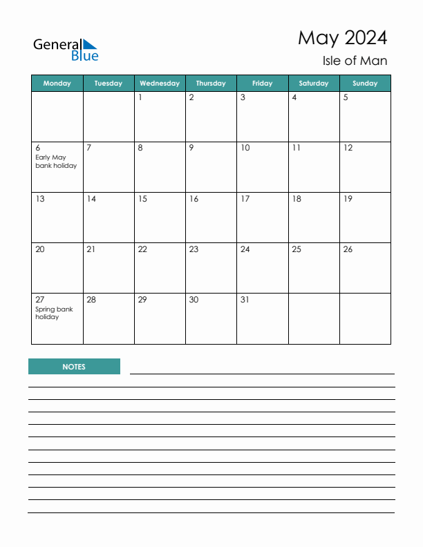 Calendar with Notes Printable - Monday Start