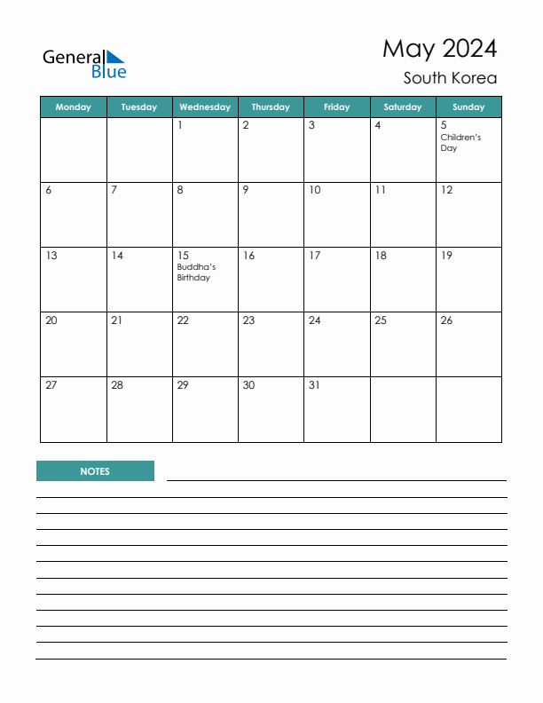 Calendar with Notes Printable - Monday Start