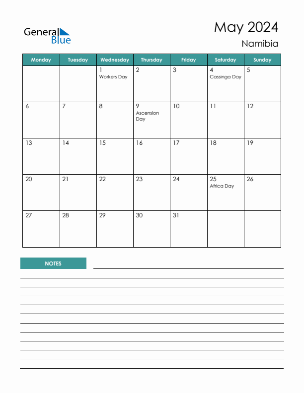 Calendar with Notes Printable - Monday Start