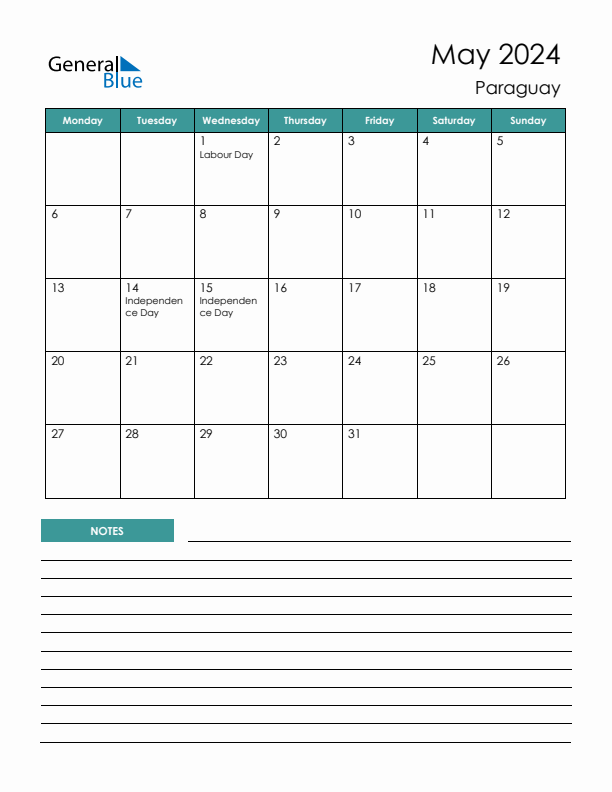 Calendar with Notes Printable - Monday Start