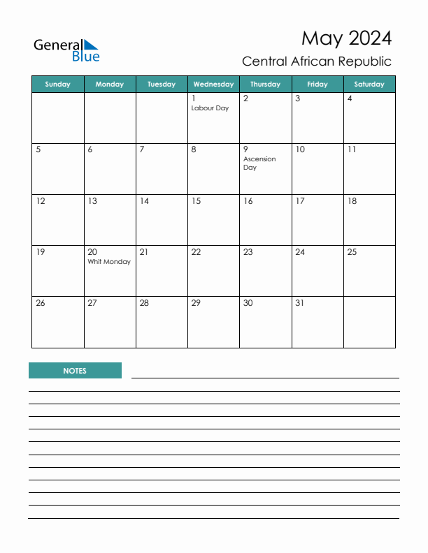 Calendar with Notes Printable - Sunday Start