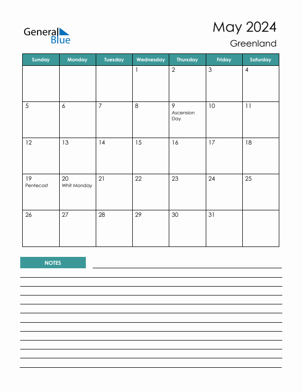 Calendar with Notes Printable - Sunday Start