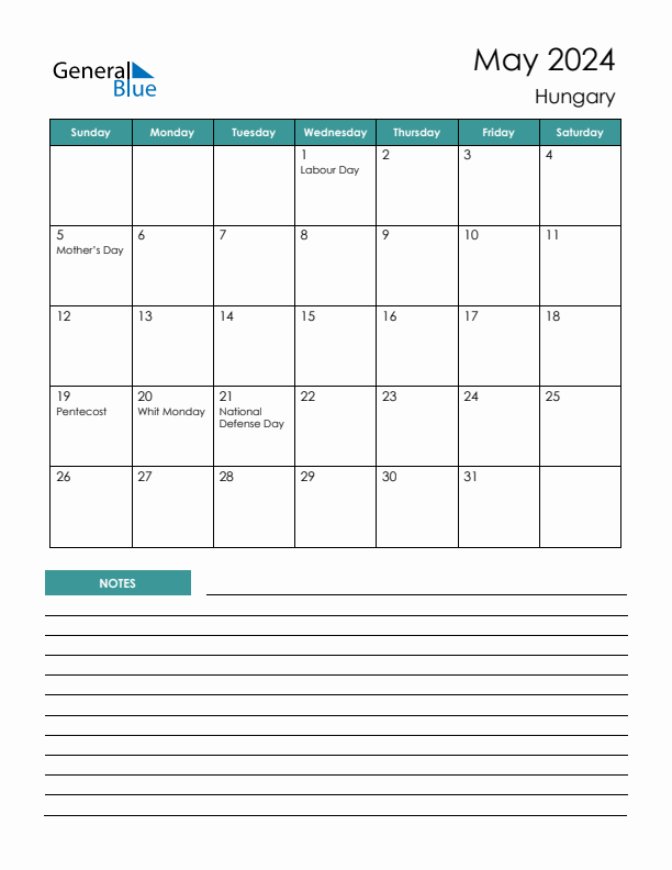 Calendar with Notes Printable - Sunday Start