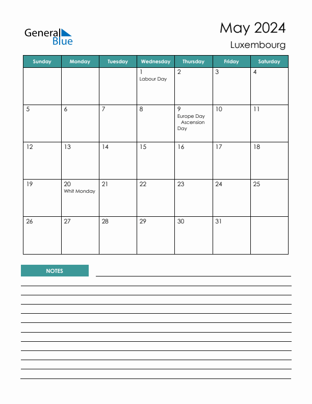 Calendar with Notes Printable - Sunday Start