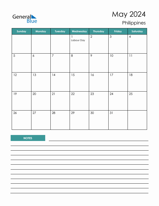 Calendar with Notes Printable - Sunday Start