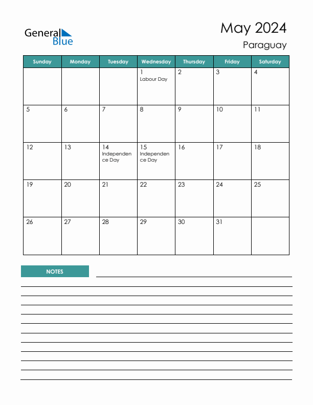 Calendar with Notes Printable - Sunday Start