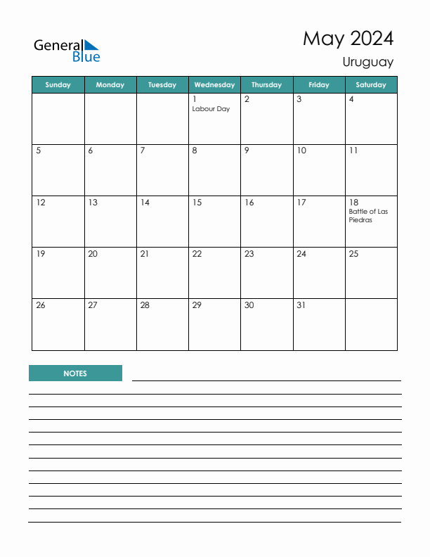 Calendar with Notes Printable - Sunday Start