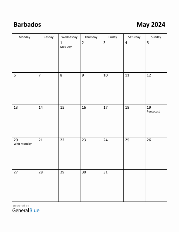 May 2024 Calendar with Barbados Holidays