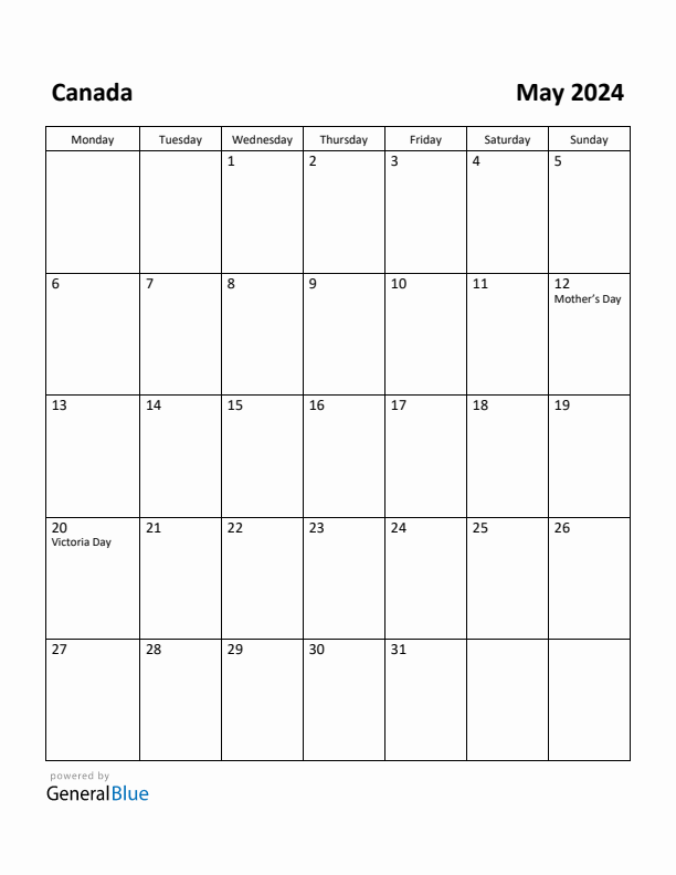 May 2024 Calendar with Canada Holidays