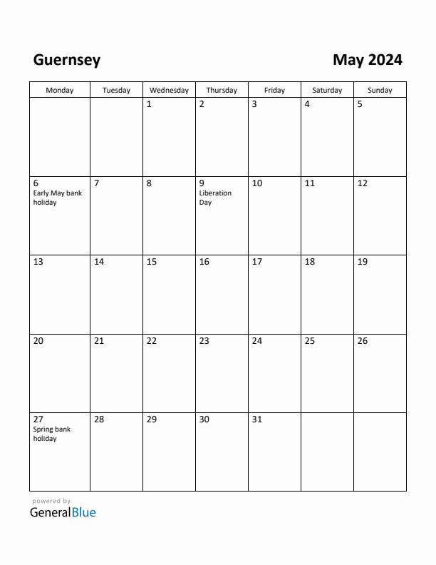 May 2024 Calendar with Guernsey Holidays