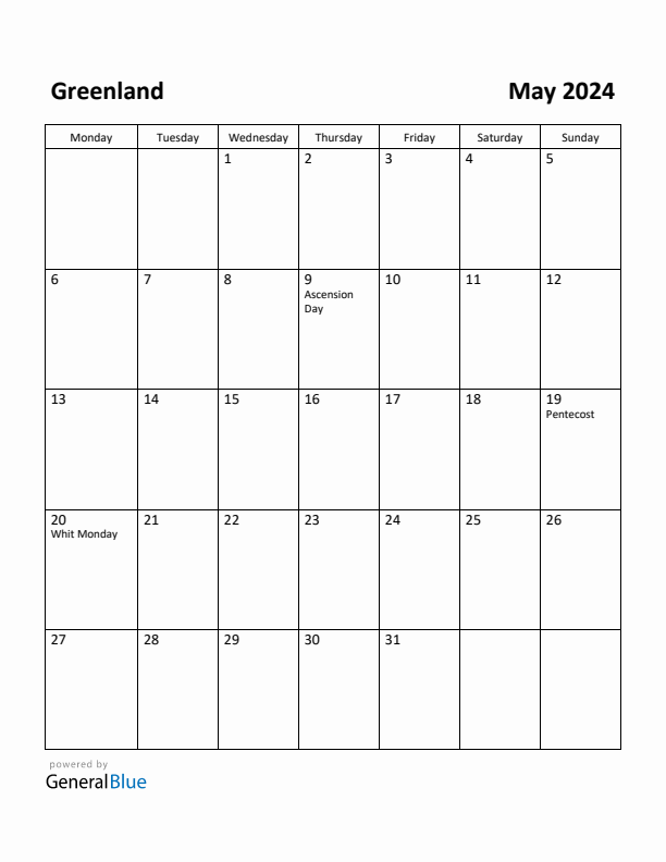 May 2024 Calendar with Greenland Holidays