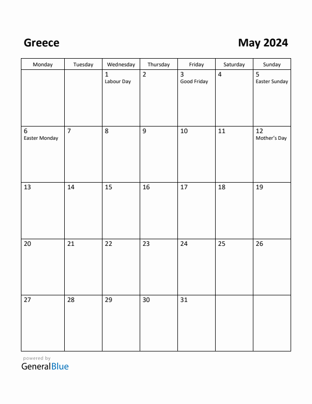 May 2024 Calendar with Greece Holidays