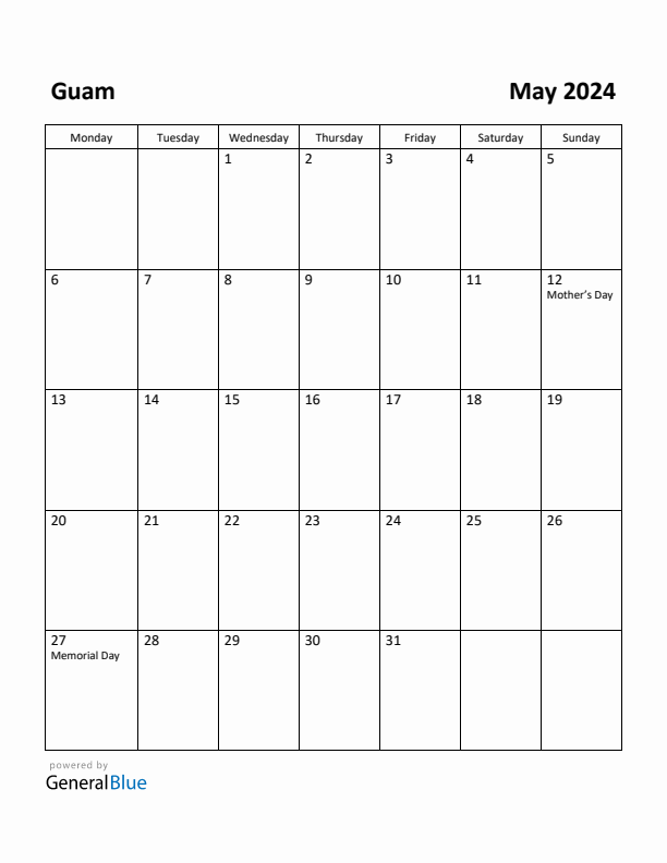 May 2024 Calendar with Guam Holidays