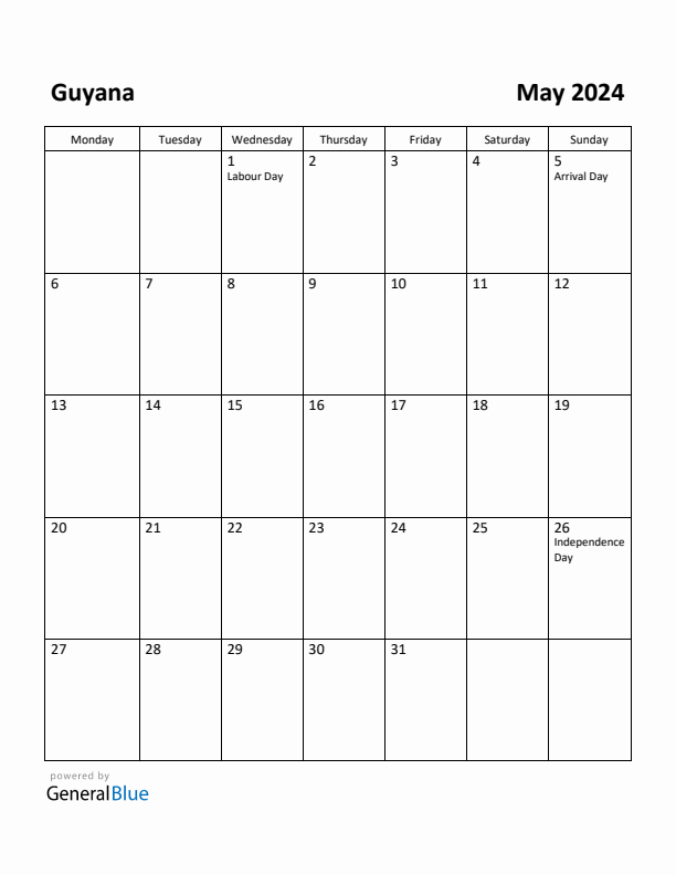 May 2024 Calendar with Guyana Holidays