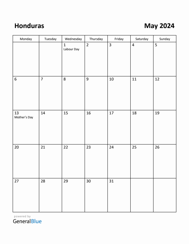 May 2024 Calendar with Honduras Holidays