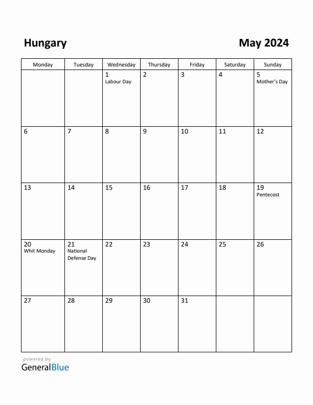 May 2024 Calendar with Hungary Holidays