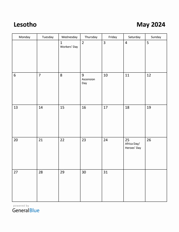 May 2024 Calendar with Lesotho Holidays