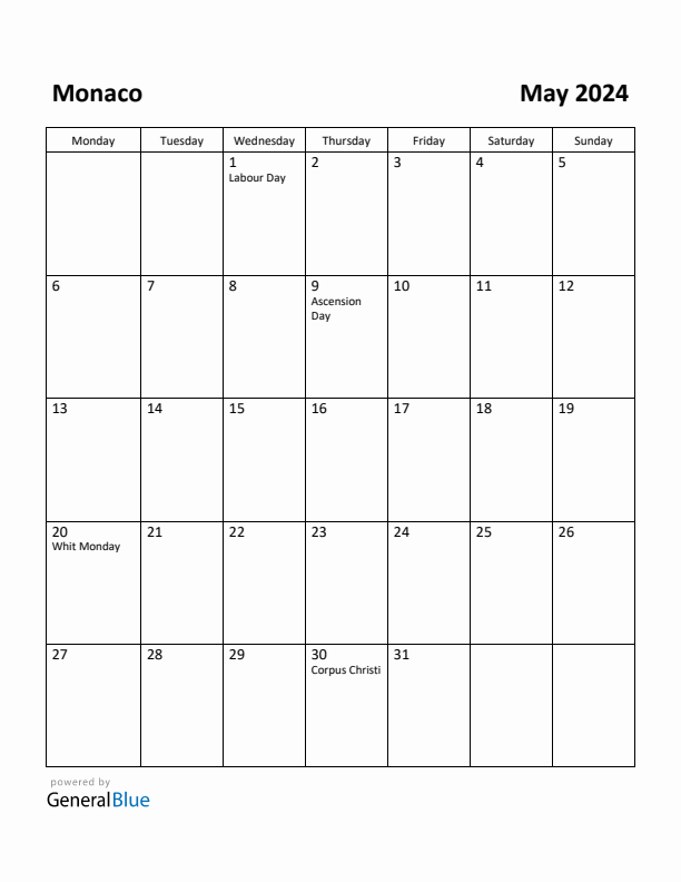 May 2024 Calendar with Monaco Holidays