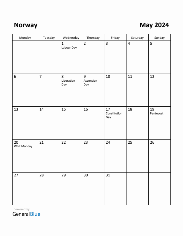 May 2024 Calendar with Norway Holidays