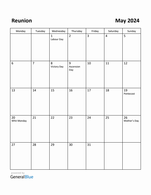 May 2024 Calendar with Reunion Holidays