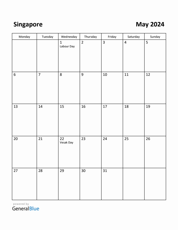 May 2024 Calendar with Singapore Holidays