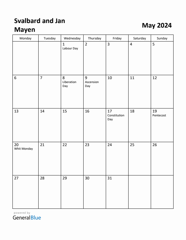 May 2024 Calendar with Svalbard and Jan Mayen Holidays