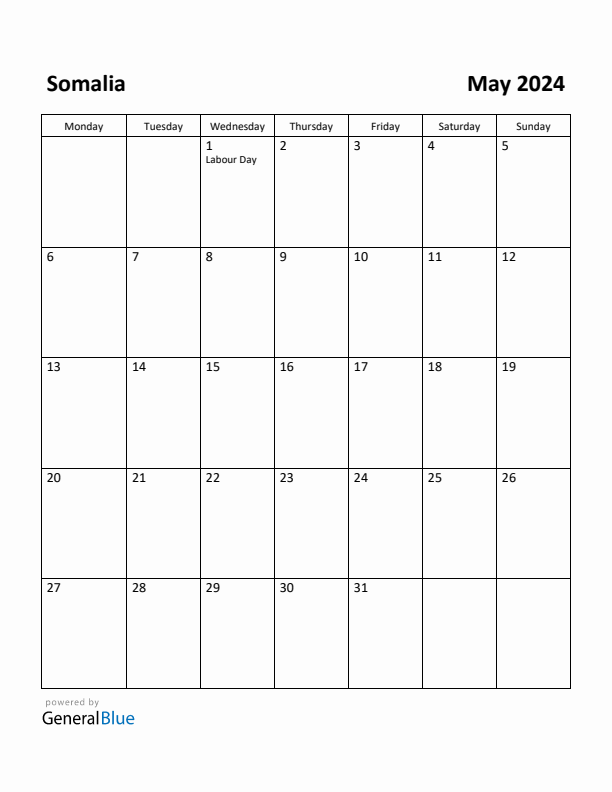 May 2024 Calendar with Somalia Holidays