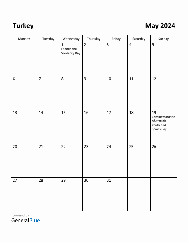 May 2024 Calendar with Turkey Holidays