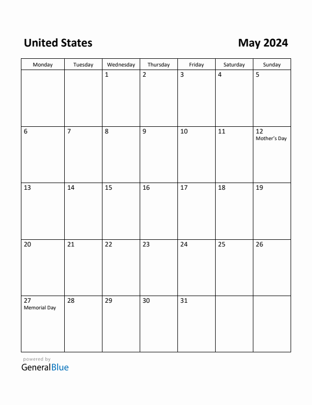 May 2024 Calendar with United States Holidays