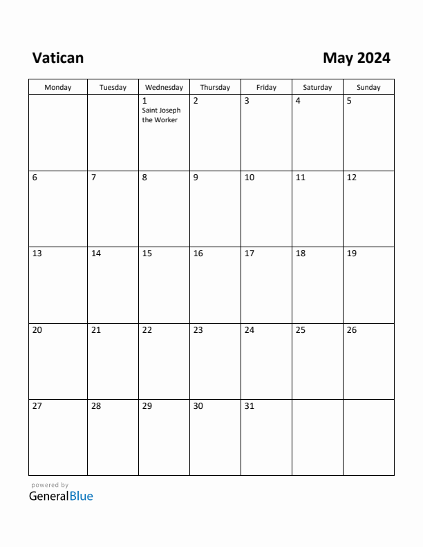 May 2024 Calendar with Vatican Holidays