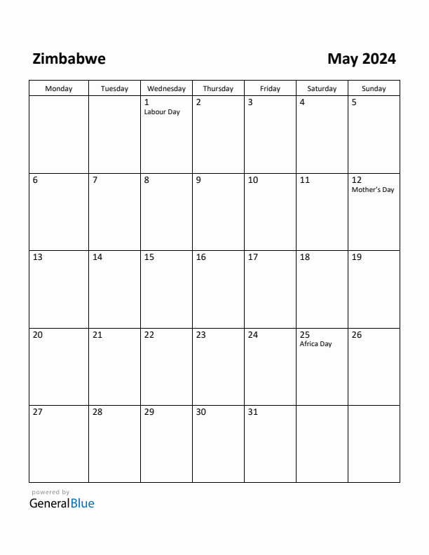 May 2024 Calendar with Zimbabwe Holidays