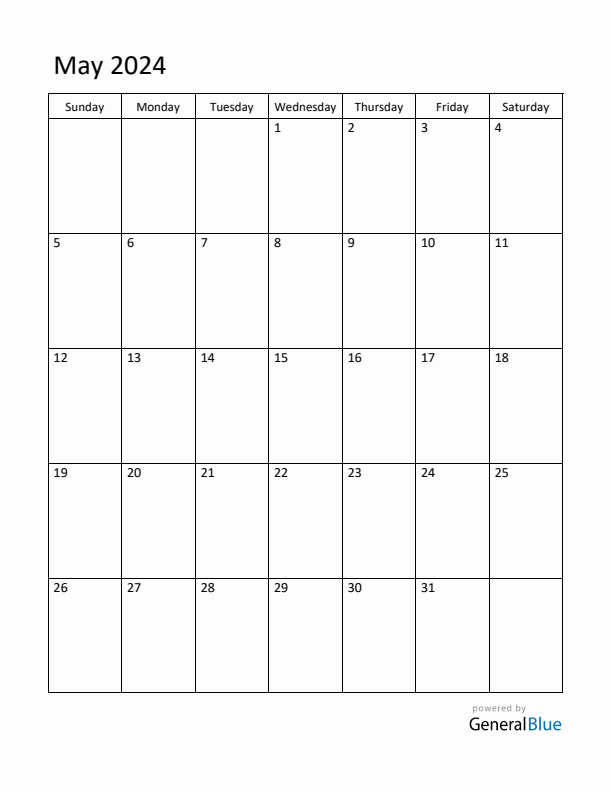 Sunday Start Calendar for May 2024