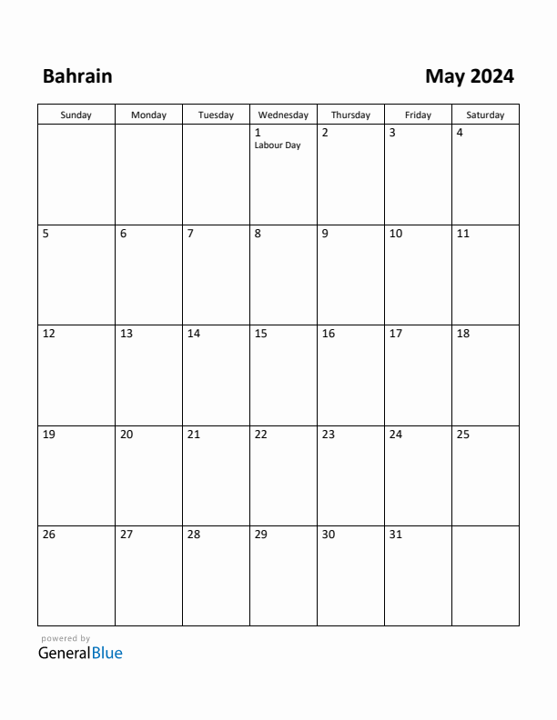 May 2024 Calendar with Bahrain Holidays