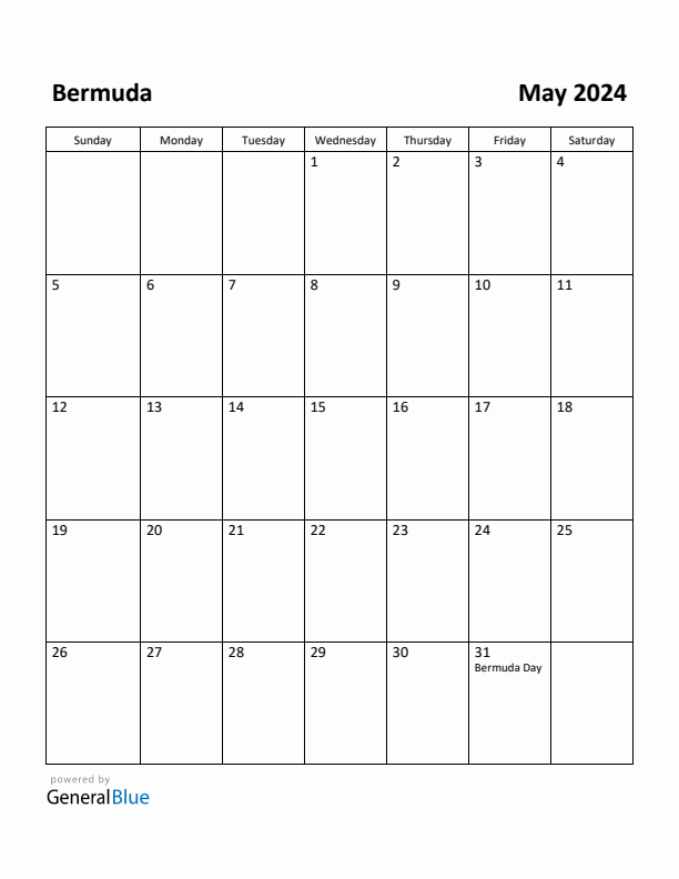 May 2024 Calendar with Bermuda Holidays