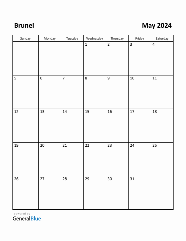 May 2024 Calendar with Brunei Holidays