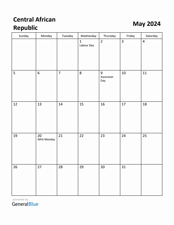 May 2024 Calendar with Central African Republic Holidays