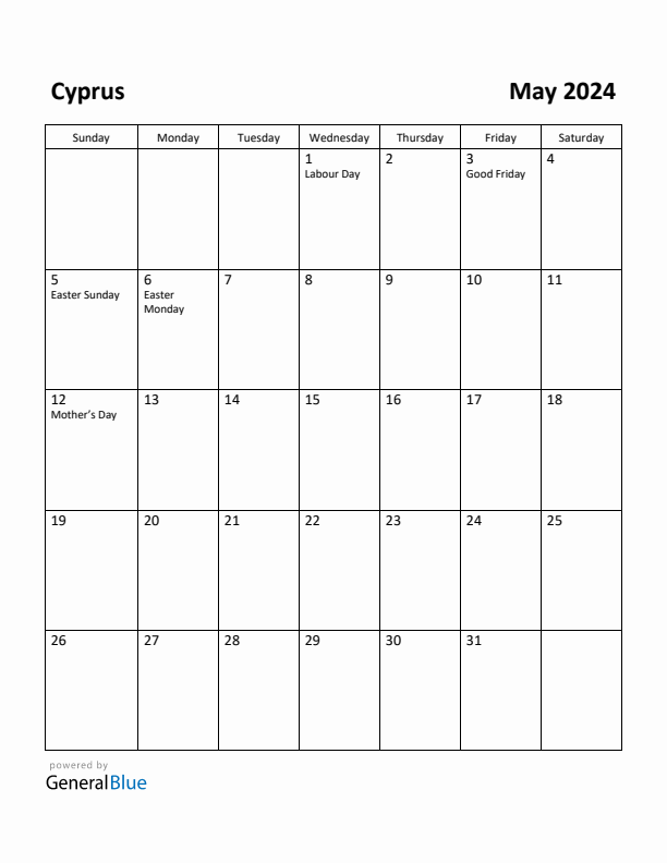 May 2024 Calendar with Cyprus Holidays