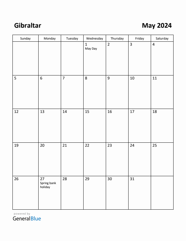 May 2024 Calendar with Gibraltar Holidays