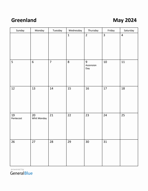 May 2024 Calendar with Greenland Holidays