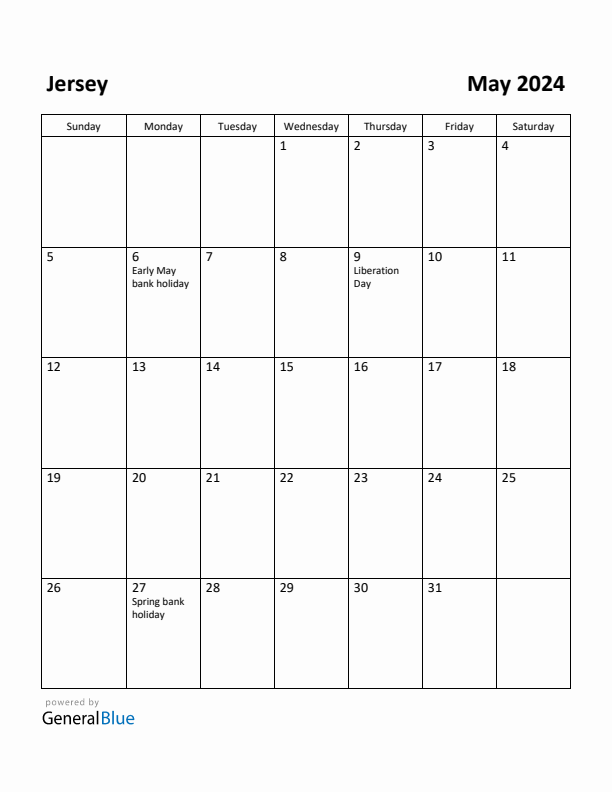 May 2024 Calendar with Jersey Holidays