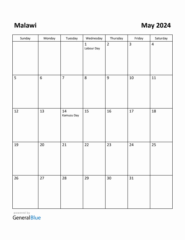 May 2024 Calendar with Malawi Holidays