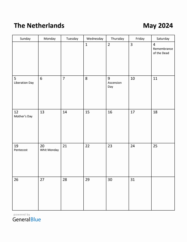 May 2024 Calendar with The Netherlands Holidays