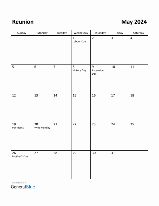 May 2024 Calendar with Reunion Holidays