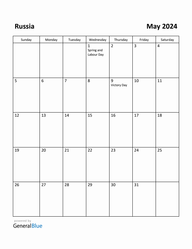 May 2024 Calendar with Russia Holidays