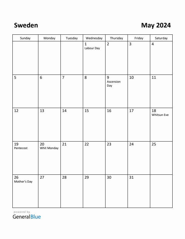 May 2024 Calendar with Sweden Holidays